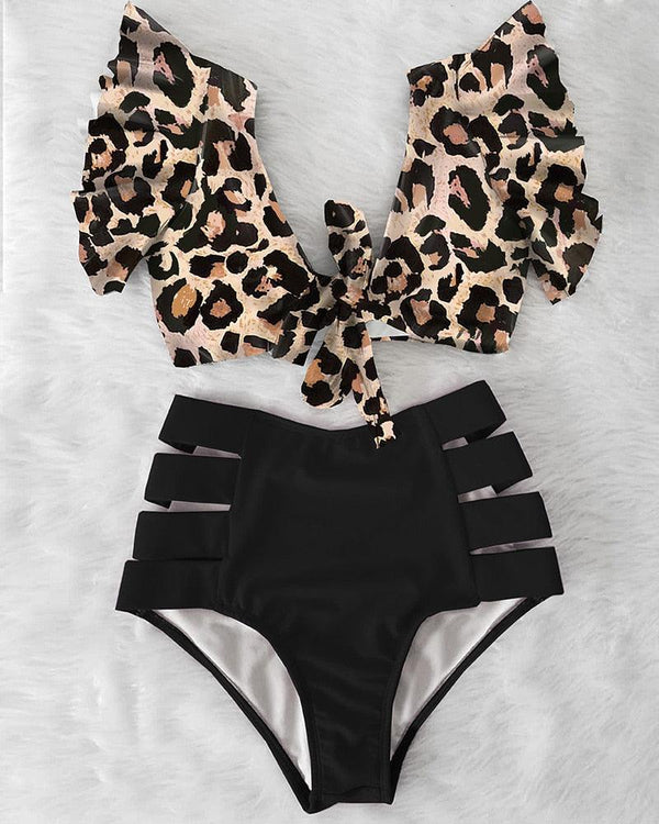 Floral Ruffled Bikini Set Women V-Neck High-Waist Two Piece Swimsuit Girl Beach Bathing Suit Swimwear Women's Triangle Bikini Floral Print Bottom Two Piece Swimsuit