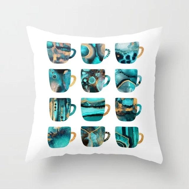 Flower Leaves Pattern Throw Pillow Case Teal Blue Cushion Covers Modern Teal Throw Pillow Covers Ocean Bohemia Decorative Couch Pillow Cases Sea Cotton Linen Decorative Pillowcases