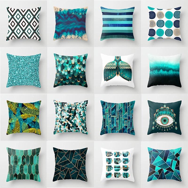 Flower Leaves Pattern Throw Pillow Case Teal Blue Cushion Covers Modern Teal Throw Pillow Covers Ocean Bohemia Decorative Couch Pillow Cases Sea Cotton Linen Decorative Pillowcases
