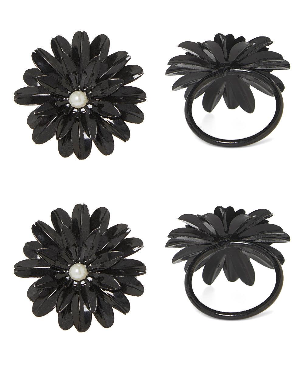 Vibhsa Black Floral Napkin Rings | Set of 4, Pearl Accents, Handcrafted