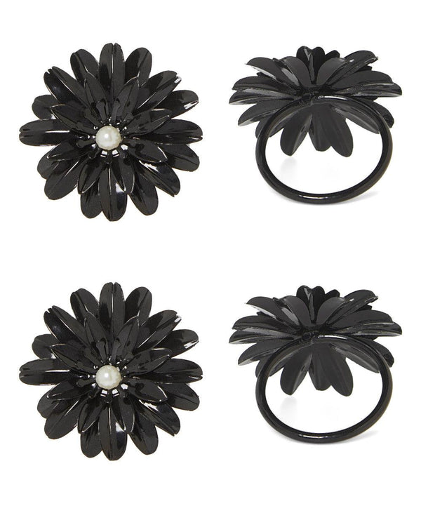 Vibhsa Black Floral Napkin Rings | Set of 4, Pearl Accents, Handcrafted