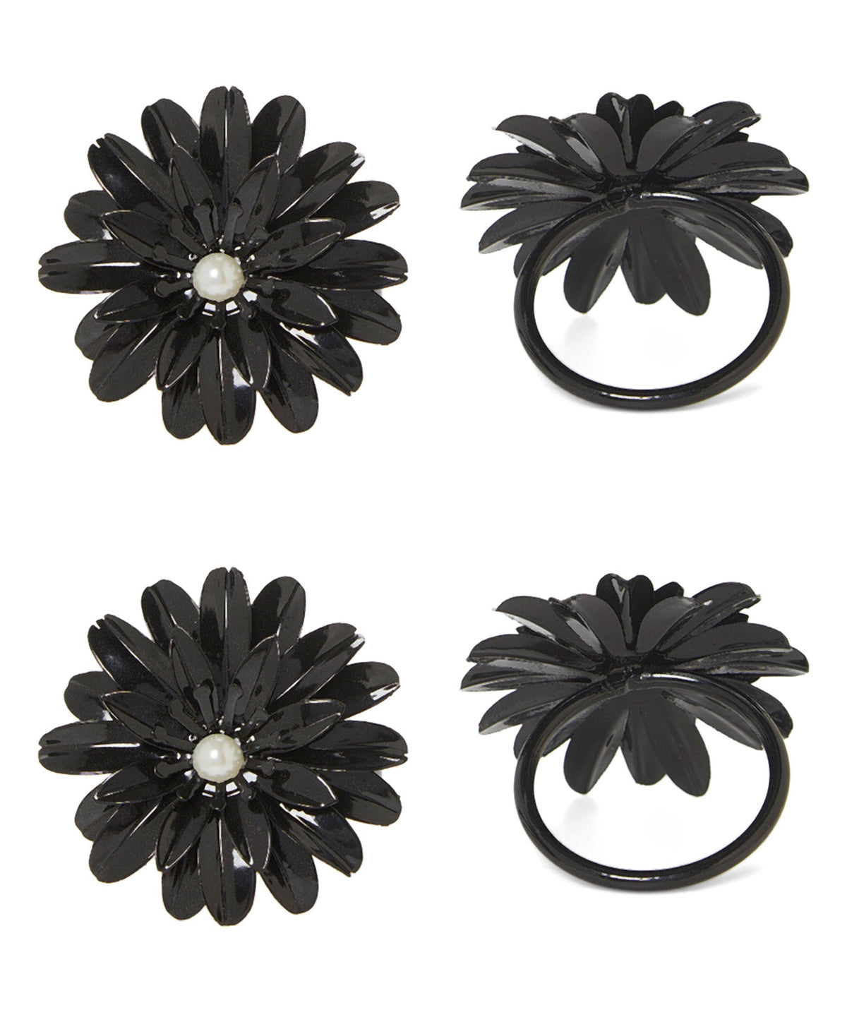 Vibhsa Black Floral Napkin Rings | Set of 4, Pearl Accents, Handcrafted
