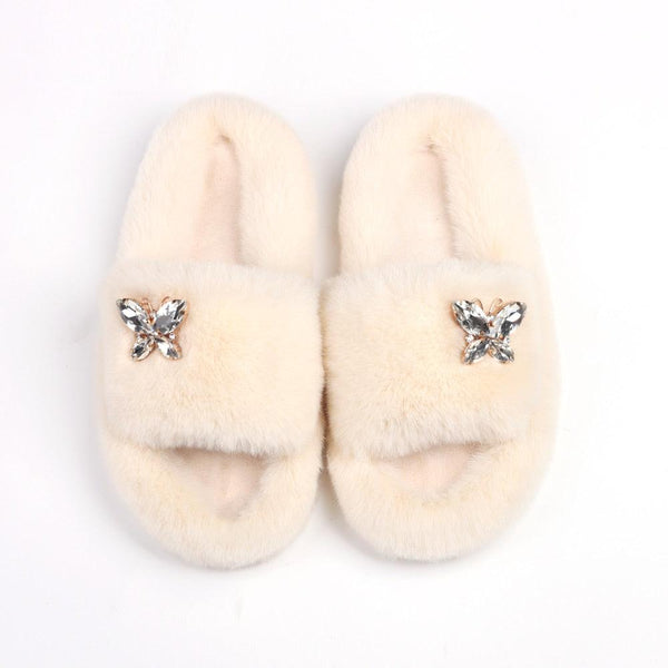 Fluffy Slippers Rhinestone Butterfly Faux Fur Slides Women Sandals Platform Flip Flops Crystal Indoor Slippers Faux Fur Slippers Comfy Open Toe Two Slides Lining And Rubber Sole