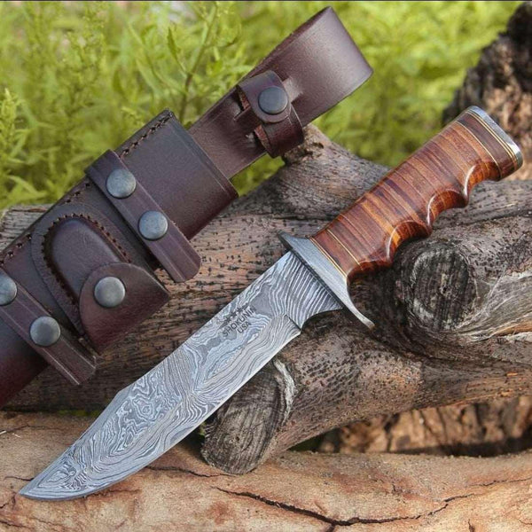 Flux Bowie Knife with Stacked Leather Handle - Gifts for You 'n Me