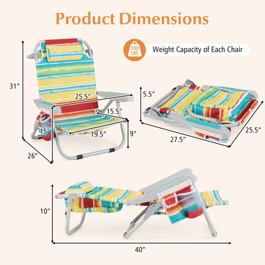 Foldable Backpack Beach Chair with Cup Holder and Storage Pockets Set of 2-Multicolor