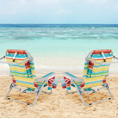 Foldable Backpack Beach Chair with Cup Holder and Storage Pockets Set of 2-Multicolor