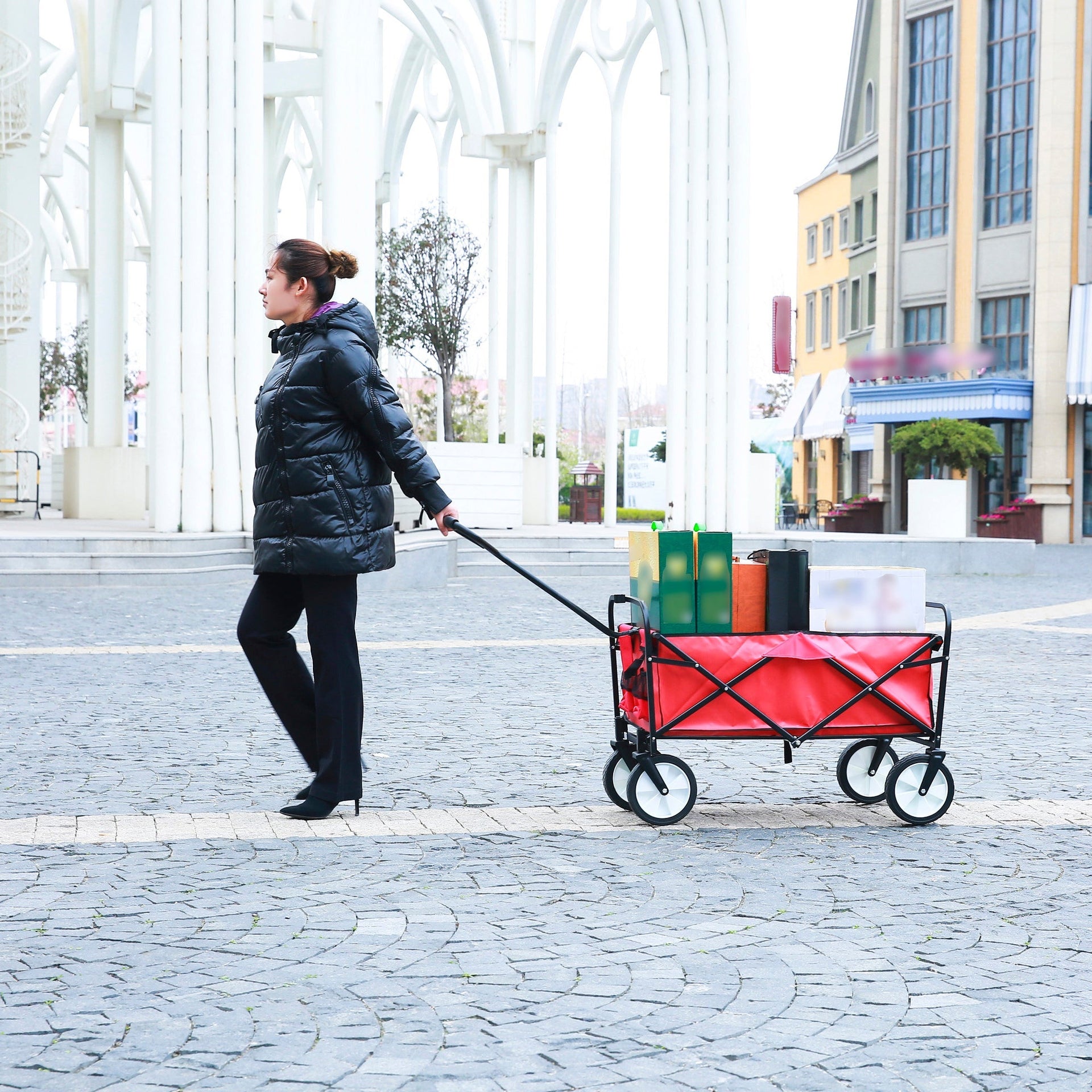 Folding Wagon Garden Shopping Beach Cart (Red)