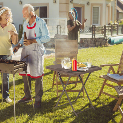 Folding Picnic Table with Rattan Grain HDPE Tabletop and Sturdy Metal Fame-Coffee