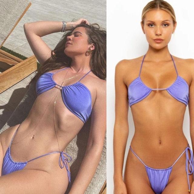 Folds Bikini Swimsuit Push Up Bikini Set Bathing Suit Women Swimwear Thong Bikini Two Pieces Bathing Suit for Women Triangle Top Bottom Solid Color Bikinis Beachwear Swimsuits