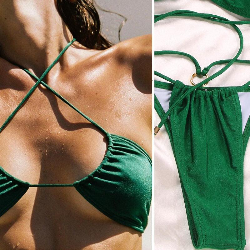 Folds Bikini Swimsuit Push Up Bikini Set Bathing Suit Women Swimwear Thong Bikini Two Pieces Bathing Suit for Women Triangle Top Bottom Solid Color Bikinis Beachwear Swimsuits