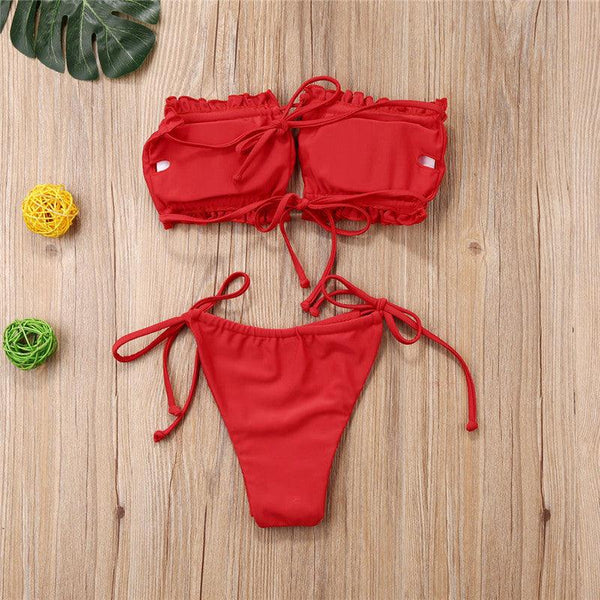 Folds Bikini Women Swimwear Bathing Suit Women's Ruffle Tie Side Bikini Set High Cut Strapless Padded Solid Bathing Suit Bikini Micro Swimsuit Female Push up Two-Piece Suit Summer