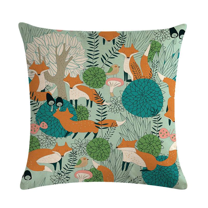 Forest Animal Fox Throw Pillow Covers Cute Cushion Cover Children Linen Cotton Teal Square Decorative for Sofa Pillow Case Decorative Cushion Pillowcases for Car Sofa Couch Woodland Girls Nursery Room Decor 45x45cm