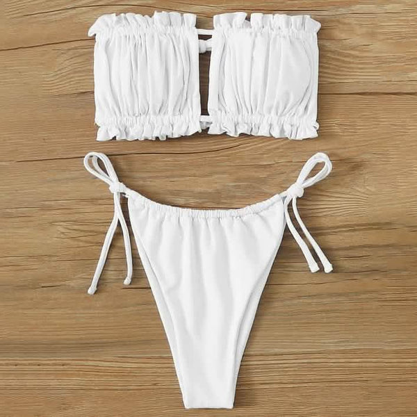 Frill Trim Bandeau Tie Side Bikini Swimsuit