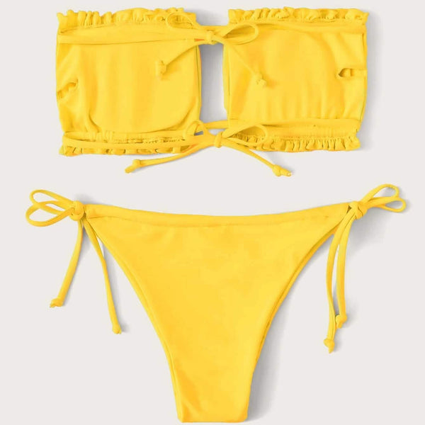 Frill Trim Bandeau Tie Side Bikini Swimsuit
