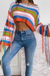 Fringe Striped Round Neck Knit Top - Sky Blue / XL