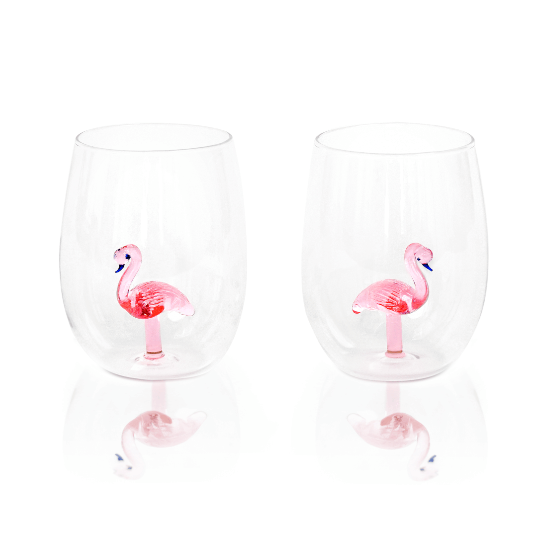 3D Flamingo Stemless Wine Glasses Jersey Art Glass