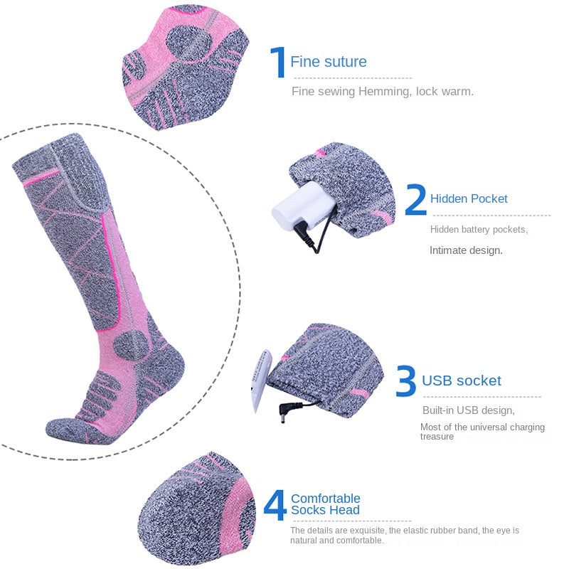 Full Foot Heat Socks Winter USB Charging Warm Heat Socks Pink Skiing Electric Heat Socks