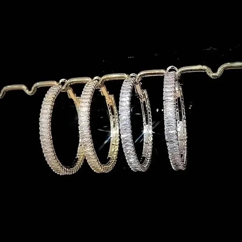 Full Rectangular Shiny Synthetic Zirconia Decorative Hoop Earrings