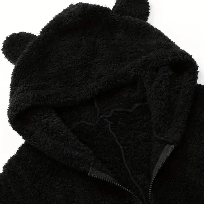 Fuzzy Hooded Pajama Jumpsuit For Music Festival, Long Sleeve Zipper Lingerie & Sleepwear