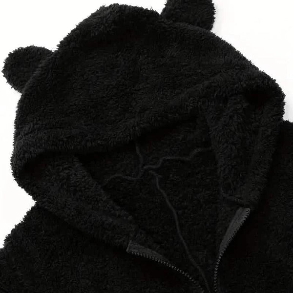 Fuzzy Hooded Pajama Jumpsuit For Music Festival, Long Sleeve Zipper Lingerie & Sleepwear
