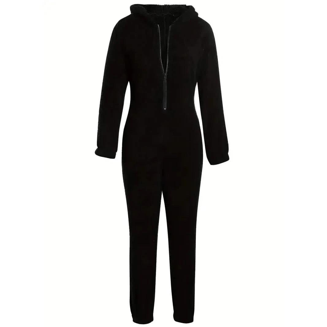 Fuzzy Hooded Pajama Jumpsuit For Music Festival, Long Sleeve Zipper Lingerie & Sleepwear