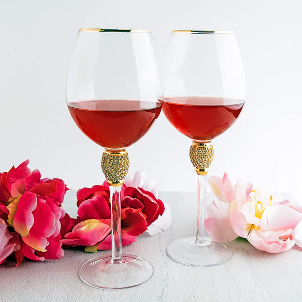 The Wine Savant Large Diamond Wine Glasses, Gold Rim Rhinestone Diamond Glasses - Wedding Glasses - 15 Ounce, Premium Designed Wine Glasses for Spirits and Wine, Gift Boxed (2, Clear)