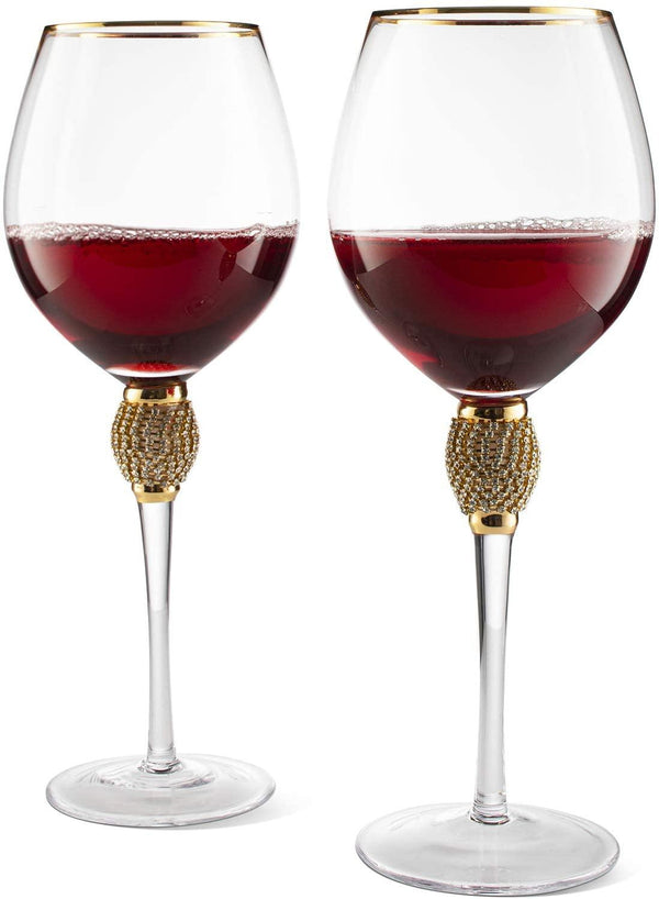 The Wine Savant Large Diamond Wine Glasses, Gold Rim Rhinestone Diamond Glasses - Wedding Glasses - 15 Ounce, Premium Designed Wine Glasses for Spirits and Wine, Gift Boxed (2, Clear)