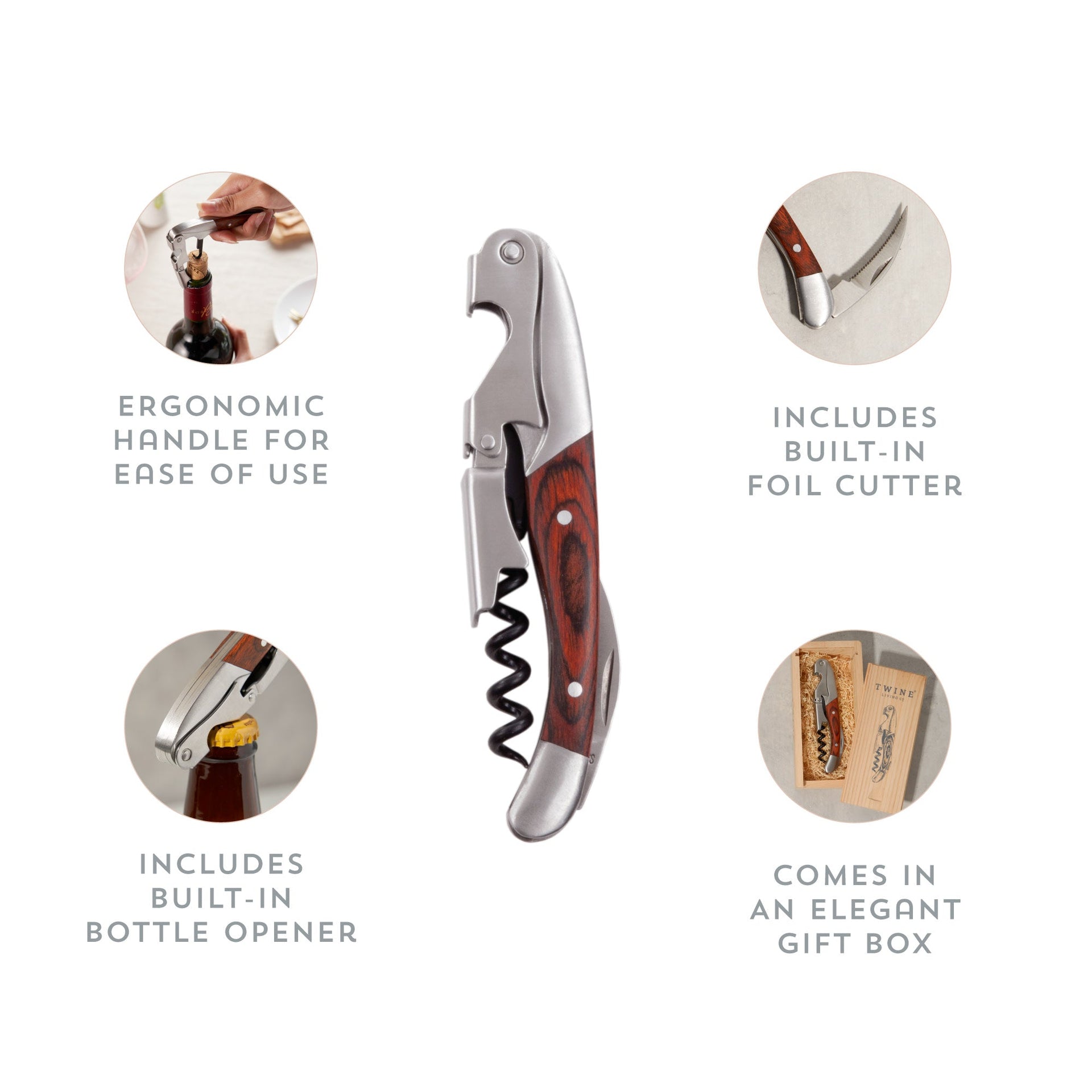 Wooden Handled Double-Hinged Corkscrew in Gift Box