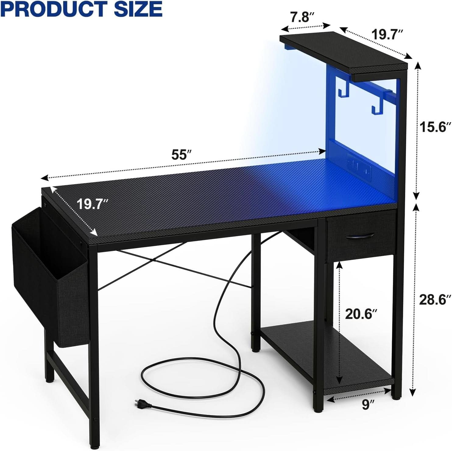 Gaming Desk 55 Inch With Power Outlet And Led Light Carbon Black