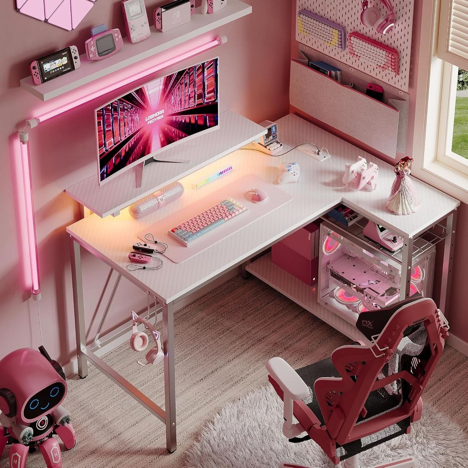 42 Inch L Shaped Gaming Desk With Integrated Power Outlets