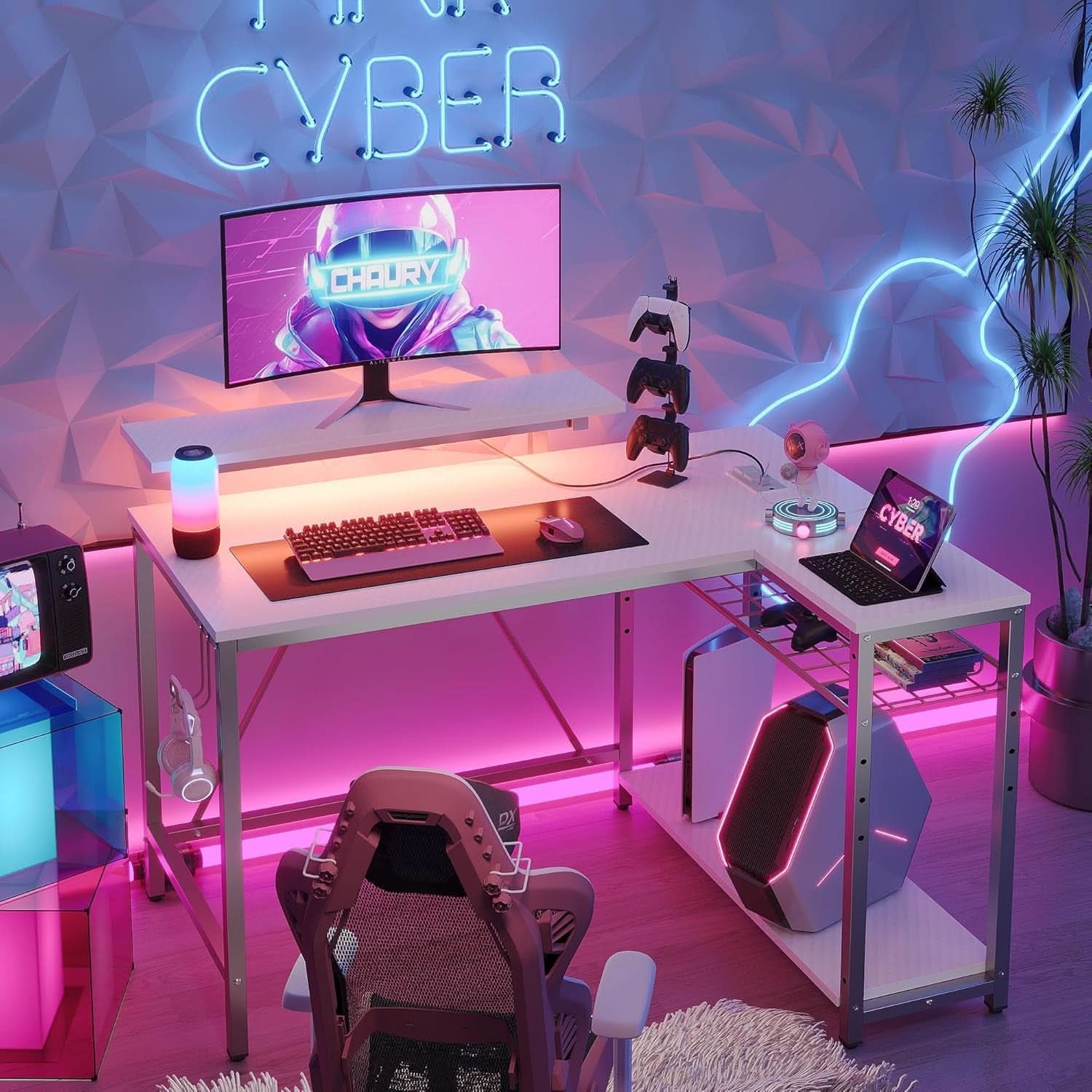 42 Inch L Shaped Gaming Desk With Integrated Power Outlets