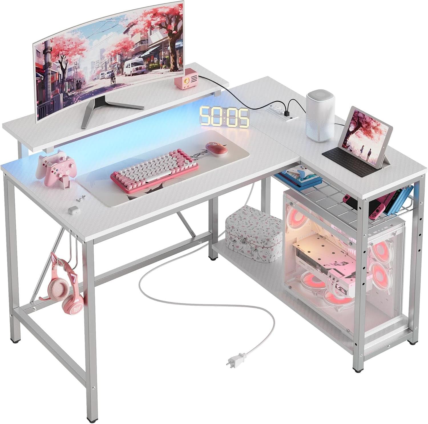 42 Inch L Shaped Gaming Desk With Integrated Power Outlets