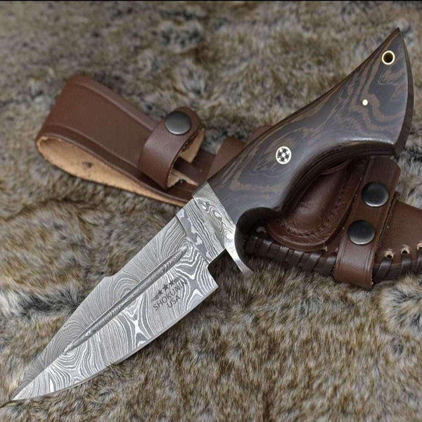 Garotte Damascus Hunting Knife with Exotic Wenge Wood Handle - Gifts for You 'n Me