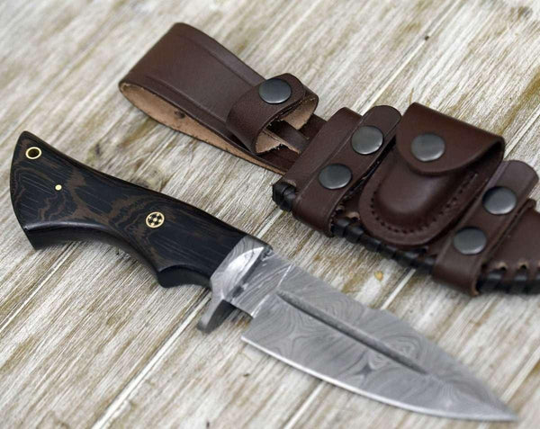 Garotte Damascus Hunting Knife with Exotic Wenge Wood Handle - Gifts for You 'n Me