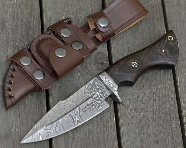 Garotte Damascus Hunting Knife with Exotic Wenge Wood Handle - Gifts for You 'n Me