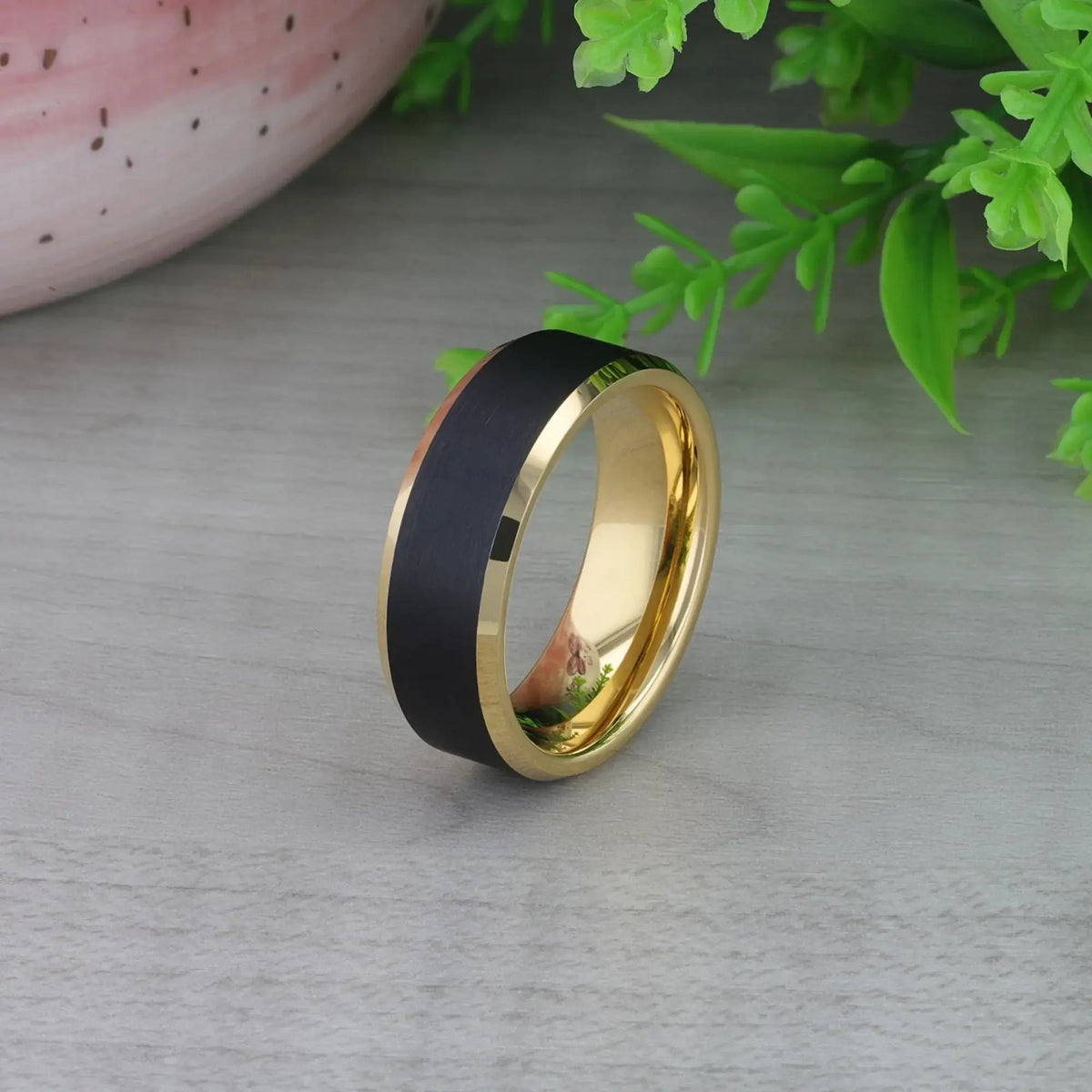 GASTON Gold Plated Tungsten Polished Beveled Ring with Brushed Black Center - 6mm 8mm