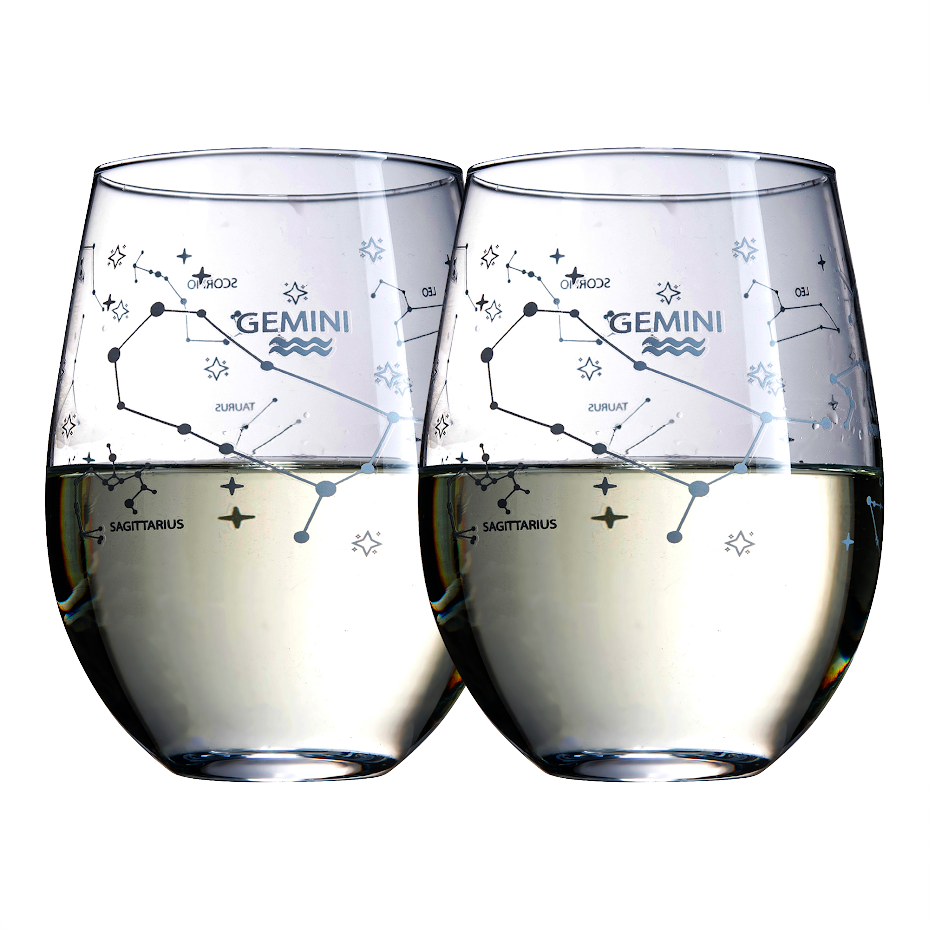 Set of 2 Zodiac Sign Wine Glasses with 2 Wooden Coasters by The Wine Savant - Astrology Drinking Glass Set with Etched Constellation Tumblers for Juice, Water Home Bar Horoscope Gifts 18oz (Gemini)