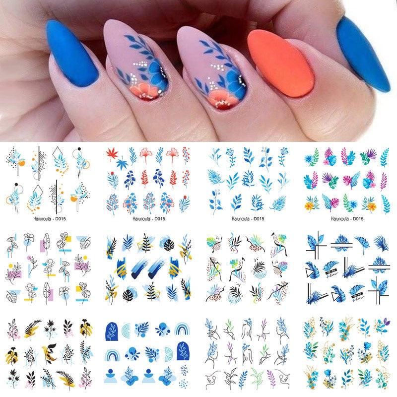 Geometrics Blue Flower Leaves Water Decals Stickers Special Floral Transfer Slider For Nails Decoration Nail Art Stickers Black White Flower Palm Leaf Nail Self-Adhesive Decals Nail Stickers Water Transfer Fresh Nail Decals for Nail Art Butterfly Palm