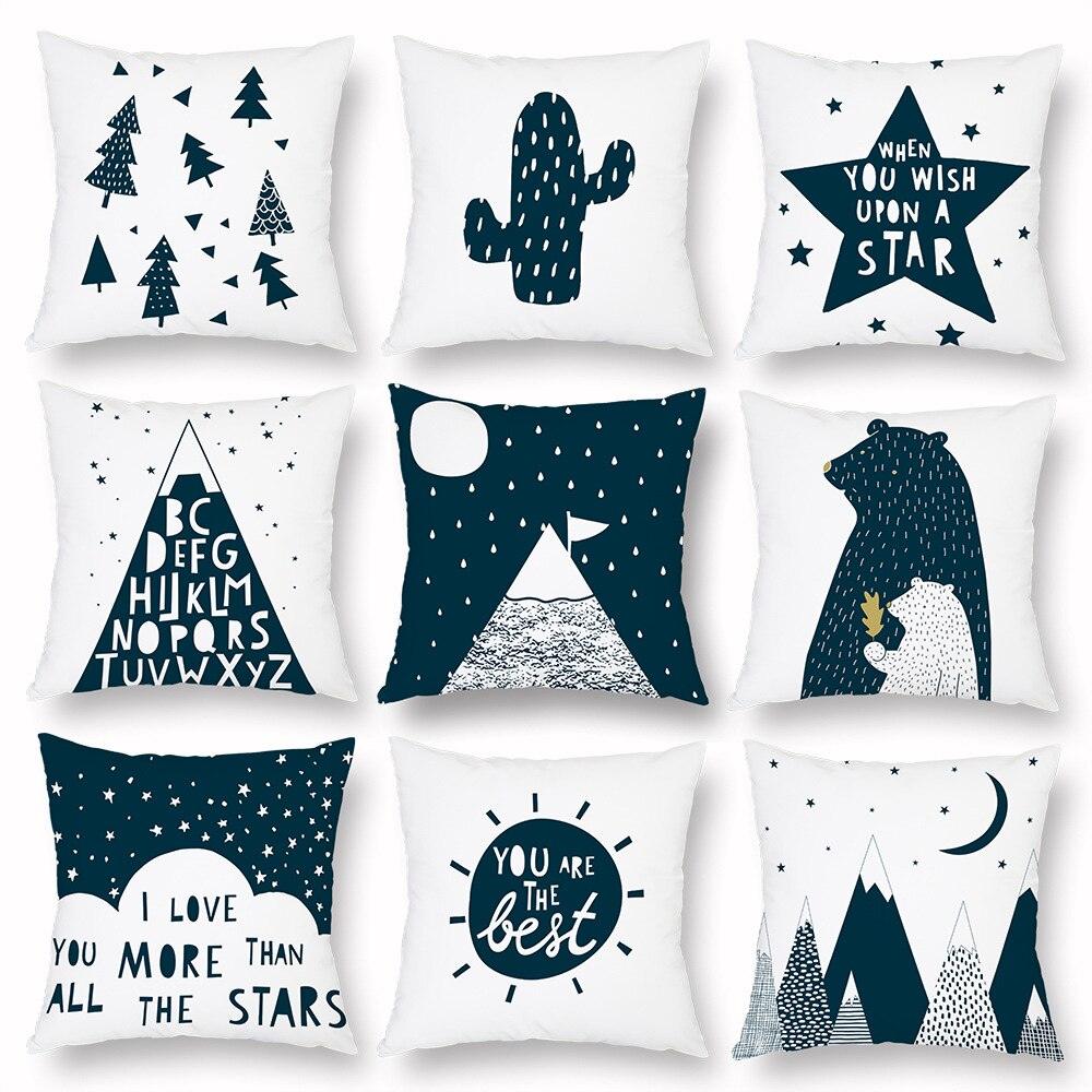 Geometry Cushion Cover Trees Cactus Bear Star Pattern Cushion Cover Pillowcase Cotton Pillow Sofa Throw White Printed Print Decorative Pillow Covers For Sofa Bed Sweet Home Decor Case 45x45CM