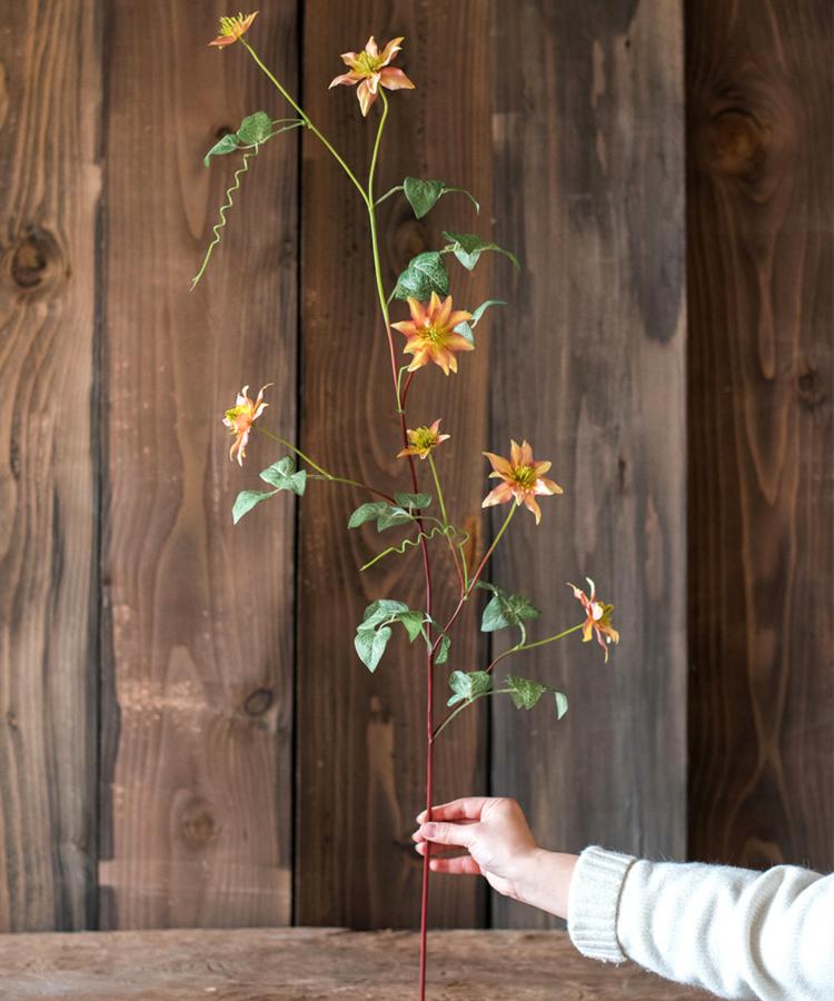 Faux Silk Artificial German Clematis Flower Stem in Orange 40