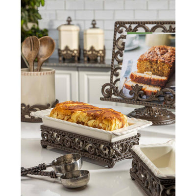 Stoneware Loaf Serving Dish with Metal Acanthus Leaf Base