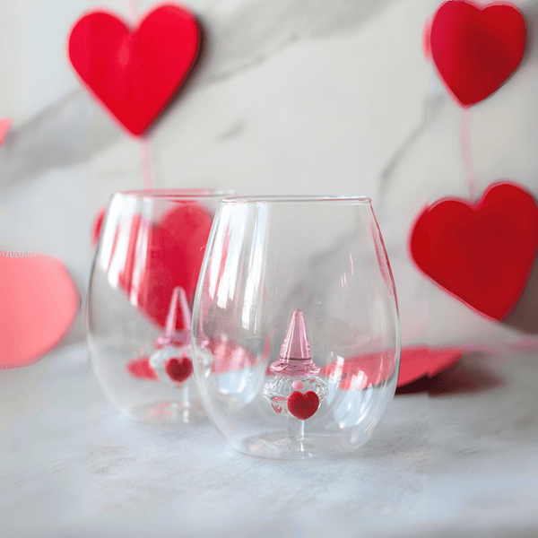 3D Gnome Heart Stemless Wine Glasses Jersey Art Glass