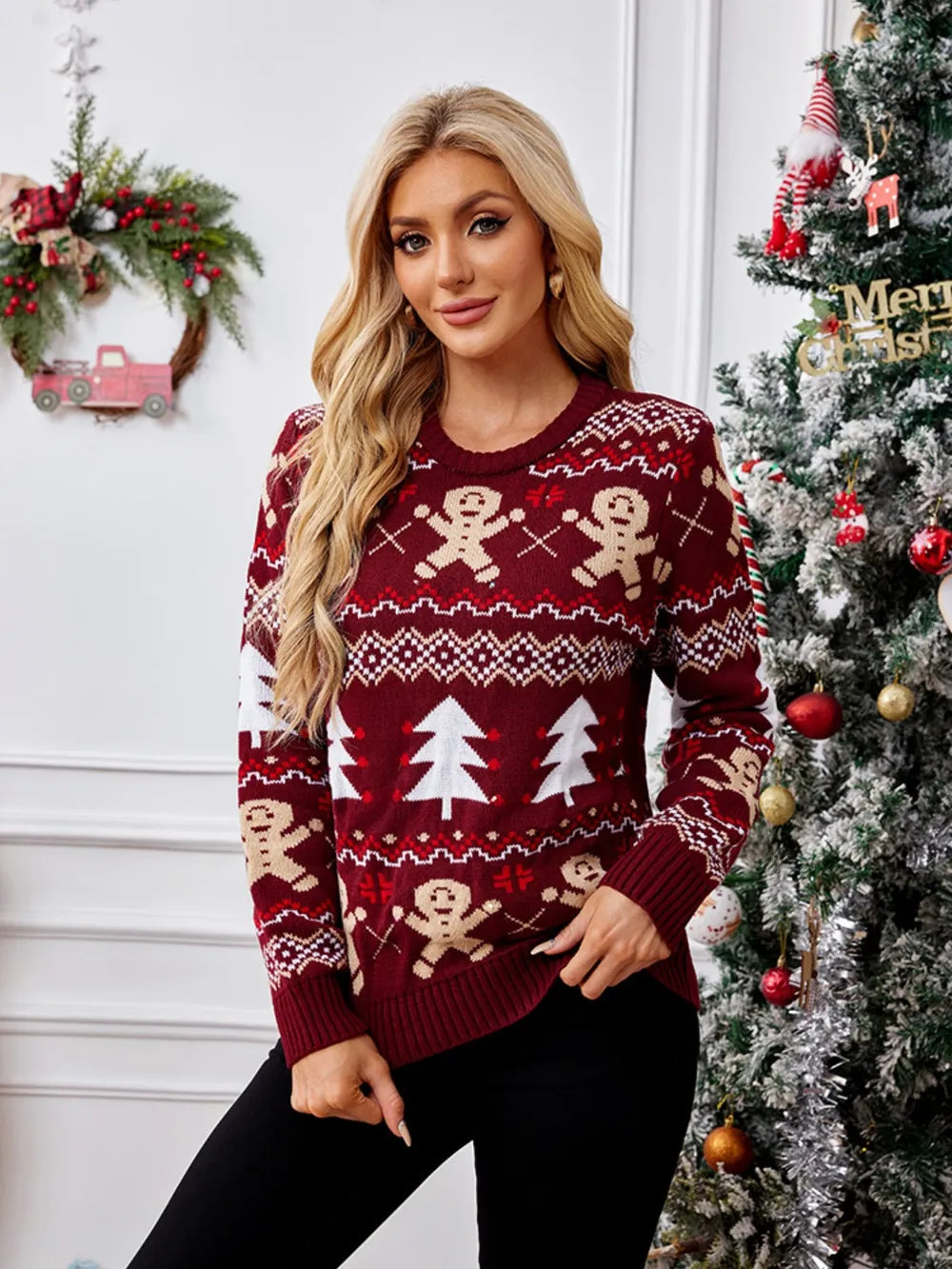 Gingerbread man jacquard long sleeved sweater pullover casual top