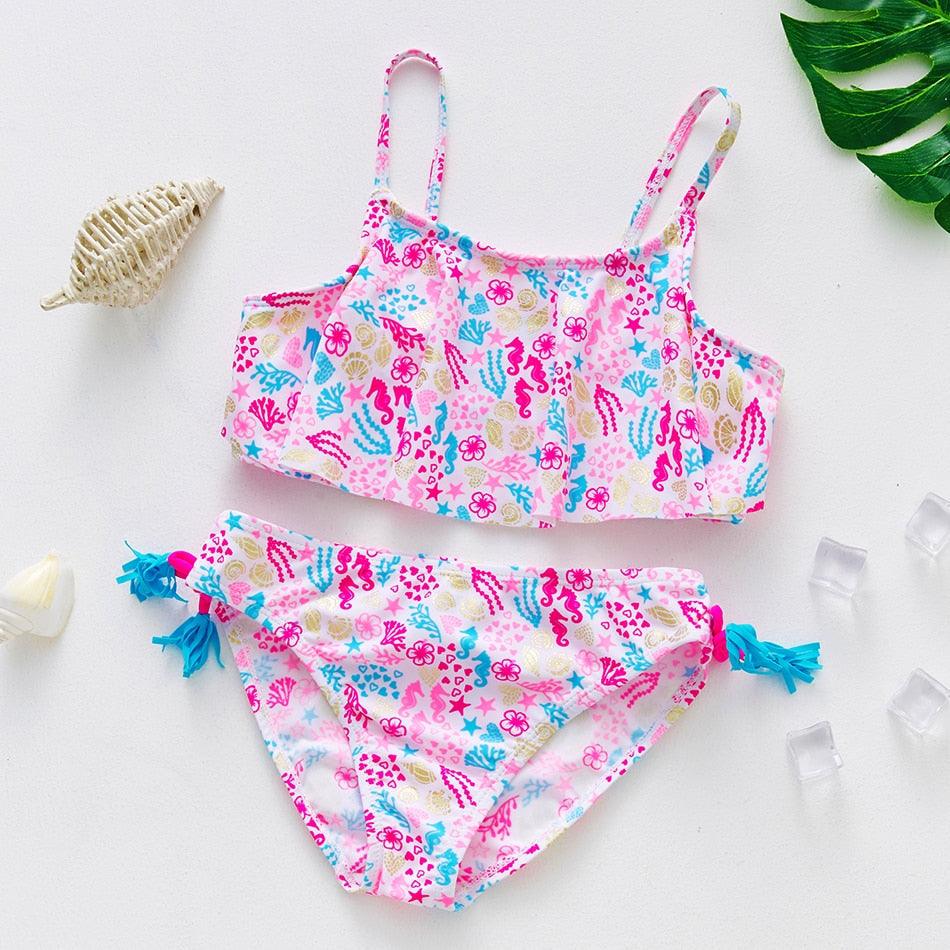 Girls Swimsuit Kids Swimwear Cute Print Kids Bikini Sets Girls Swimsuits Two Piece Bathing Suit Sets 3D Printed Swimwear Ruffle Style Children Swimwear Kids Beach Wear 2-16 Year