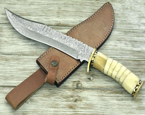 Glimmer - Damascus Bowie Knife with Bone Mosaic Handle - Gifts for You 'n Me