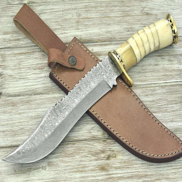 Glimmer - Damascus Bowie Knife with Bone Mosaic Handle - Gifts for You 'n Me
