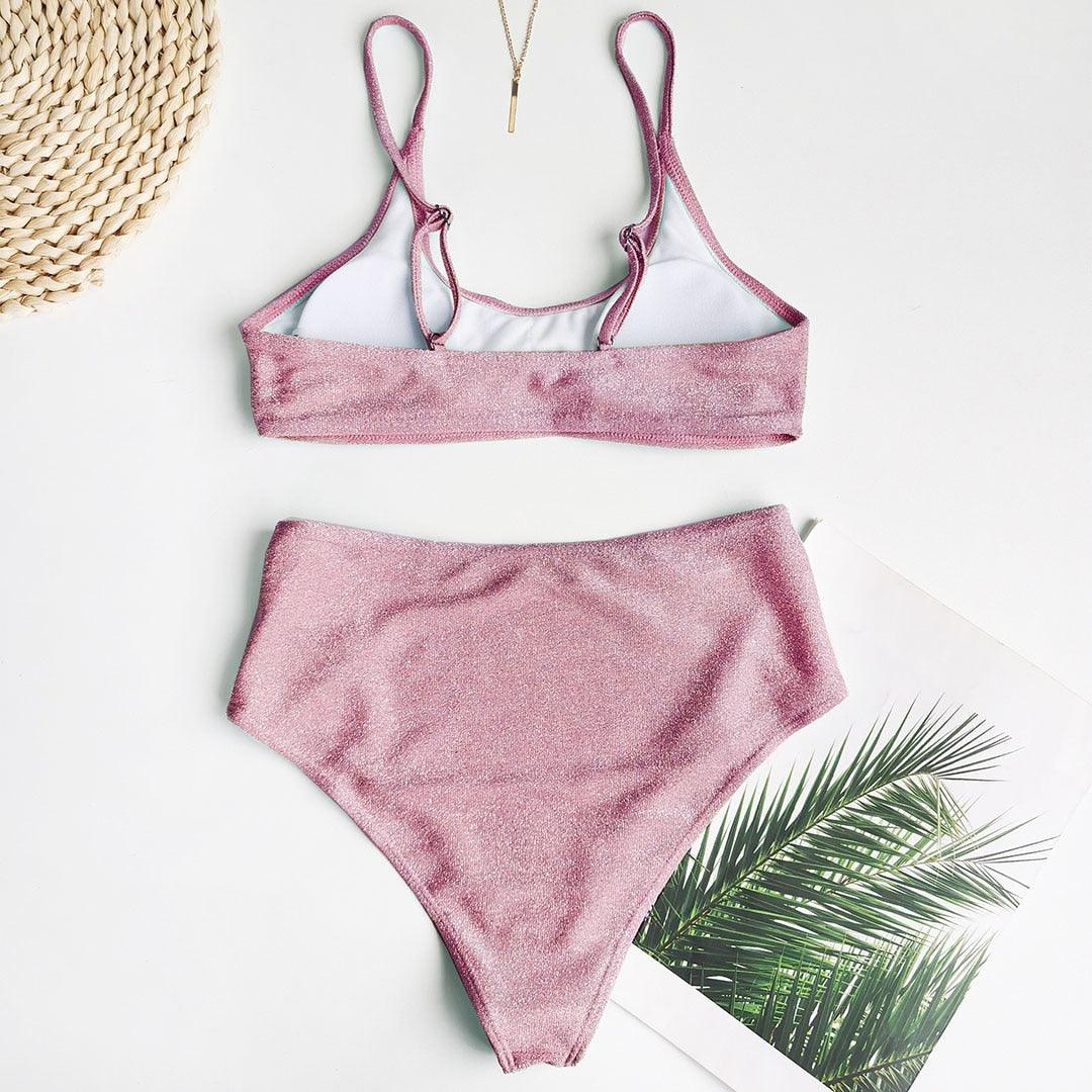 Glitter Sparkling Female Swimsuit High Waist Bikini Women's High Waist Bikinis Party Glitter Scoop Neck Crop Top Swimsuits Two Piece Bathing Suit Women Swimwear Two-pieces Bikini Set Summer Swim Suit