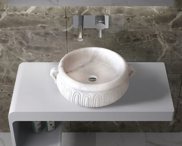 Calacatta White Marble Vessel Saucepan Shape Above Vanity Bathroom Sink (D)17