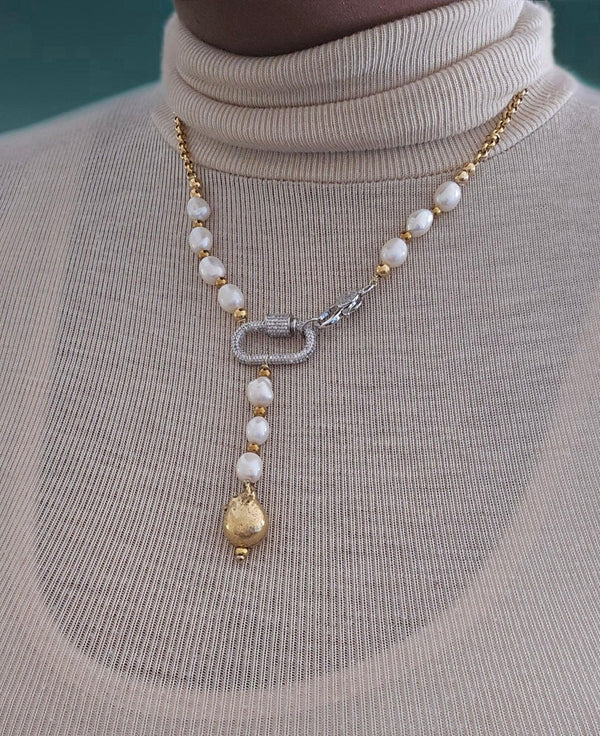 Gold Chain Link and Freshwater Pearl Y Necklace