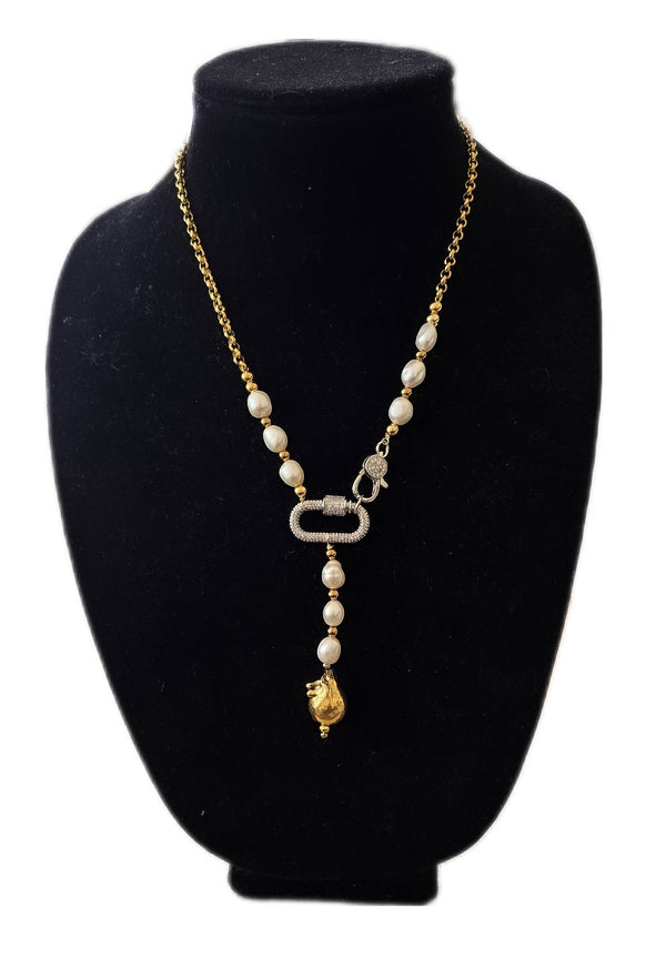 Gold Chain Link and Freshwater Pearl Y Necklace